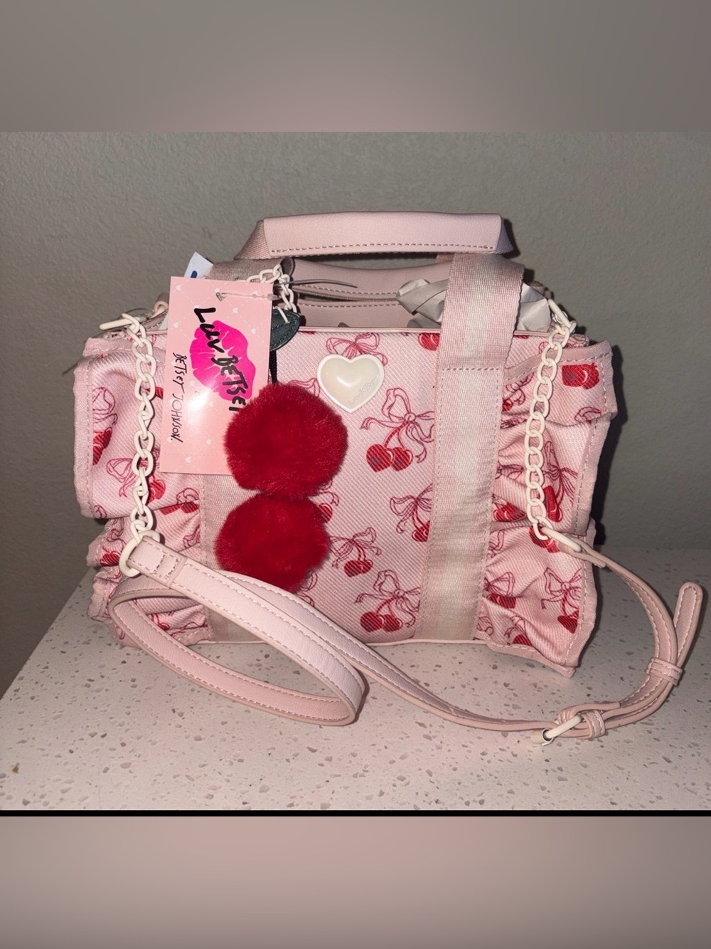 NEW LUV BETSEY JOHNSON Pink Red Cherry RUFFLE TOP HANDLE crossbody pompom Bag - Picture 2 of 16